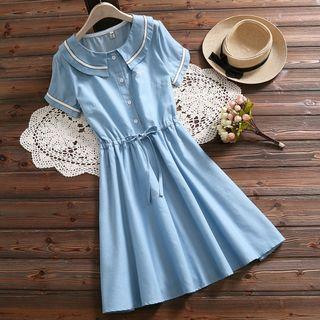 Short-sleeve Striped Trim A-line Denim Dress