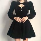 Set : Pearl Button Velvet Spaghetti-strap Dress + Shrug
