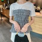 Mock Two-piece Checked Short-sleeve Peplum Top