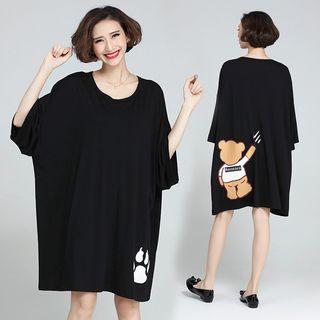 Elbow-sleeve Bear Print Oversized Dress