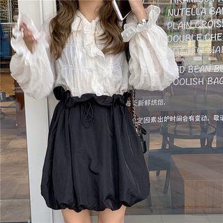 Long-sleeve Ruffled Blouse / A-line Mini Skirt