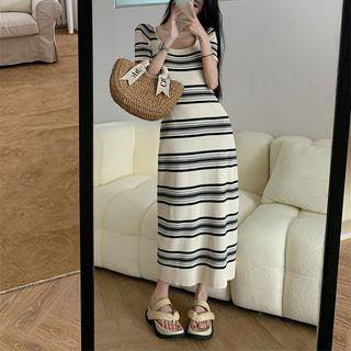 Short-sleeve Striped Midi A-line Dress Stripes - Black & White - One Size