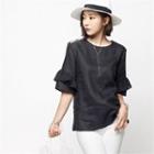 Frilled Elbow-sleeve Linen Top