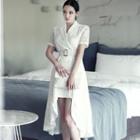 Buttoned High-low Short-sleeve Lace Dress