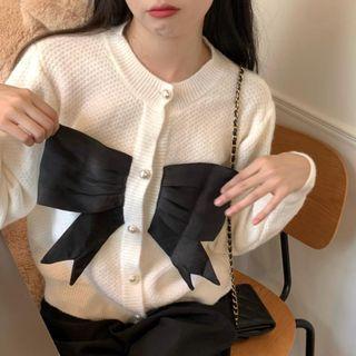 Round Neck Bow Cardigan White - One Size