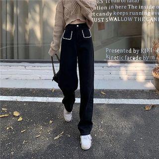 Faux Pearl Trim Loose Fit Jeans