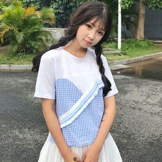 Plaid Panel Ruffle Trim Short Sleeve T-shirt