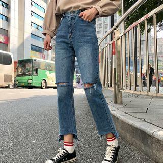Asymmetric Distressed High-waist Cropped Straight-leg Jeans