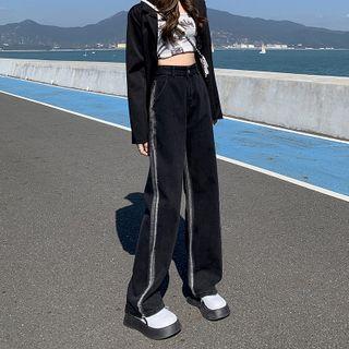 High Waist Print Trim Wide Leg Jeans