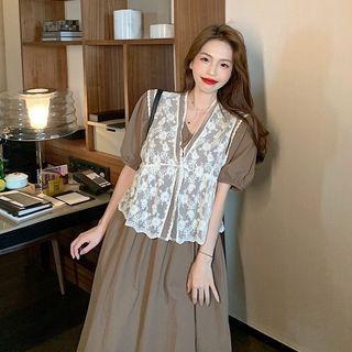 Plain Short-sleeve Dress / Lace Vest