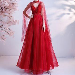 Cape-sleeve Choker-neck A-line Mesh Evening Gown