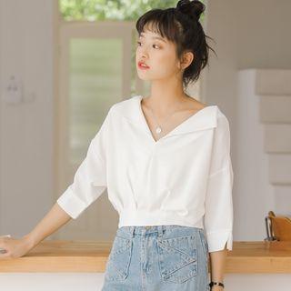 V-neck Open Back Elbow-sleeve Blouse