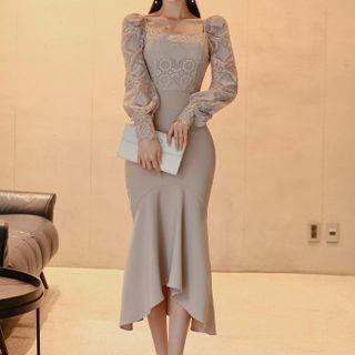 Set: Long-sleeve Square-neck Lace Top + Plain Mermaid Skirt