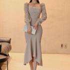 Set: Long-sleeve Square-neck Lace Top + Plain Mermaid Skirt