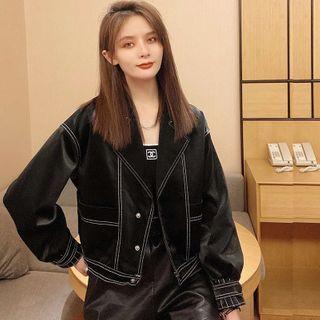 Contrast Stitching Snap-button Faux Leather Jacket