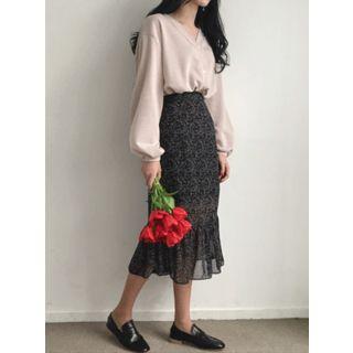 Ruffle-hem Floral Chiffon Long Skirt