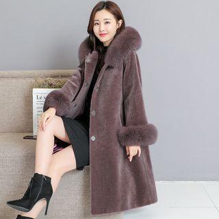 Faux Fur Trim Hooded Snap-buttoned Coat