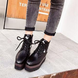 Star Accent Lace-up Wedge Platform Ankle Boots