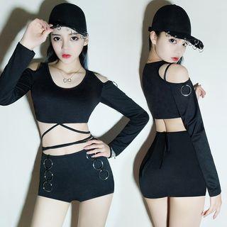 Set: Cut Out Detail Cropped Long Sleeve T-shirt + Hoop Detail Shorts