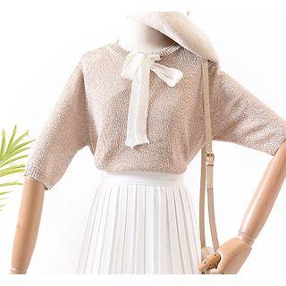 Bow Accent Elbow-sleeve Knit Top