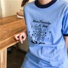 Short-sleeve Rabbit Print Ringer T-shirt Blue - One Size
