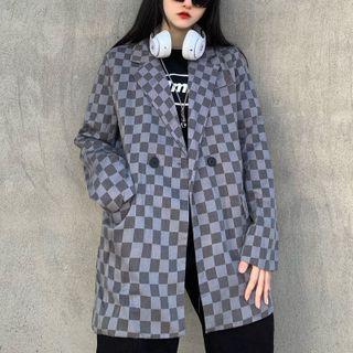 Checkerboard Double-breasted Denim Blazer