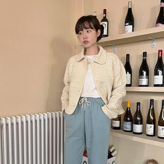 Round-collar Jacquard Cardigan Cream - One Size