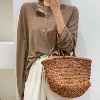 Plain Half-button Long-sleeve T-shirt Brown - One Size