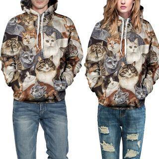 Couple Cat-print Hooded Pullover