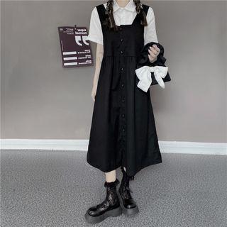 Short-sleeve Embroidered Crop Shirt / Button-up Midi Overall Dress