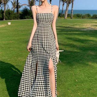 Spaghetti Strap Houndstooth Maxi A-line Dress