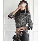 Turtle-neck Button-side Houndstooth Knit Top Black - One Size