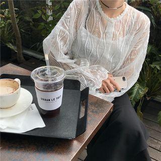 Set: Lace Long-sleeve Chiffon Blouse + Spaghetti Strap Top