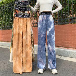 Lettering Waistband Wide-leg Tie-dye Pants