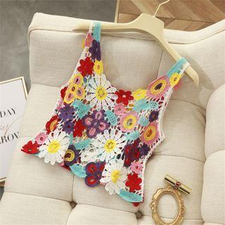 Floral Crochet Knit Cropped Tank Top Floral - Multicolor - One Size
