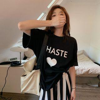 Short-sleeve Heart Print T-shirt / Striped Wide Leg Pants