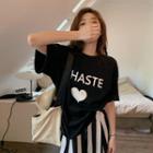Short-sleeve Heart Print T-shirt / Striped Wide Leg Pants