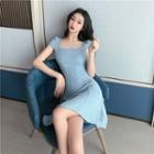 Short-sleeve Ribbed A-line Dress Blue - One Size