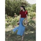 Set: Short-sleeve Knit Top + Slit A-line Maxi Denim Skirt