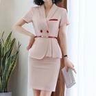 Set: Short-sleeve Double-breasted Blazer + Mini Fitted Skirt