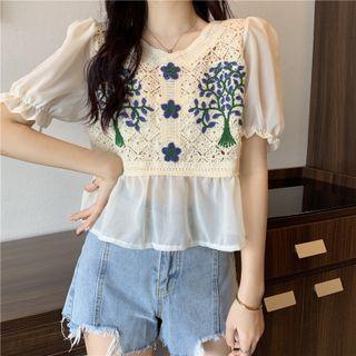 Short-sleeve Embroidered Knit Panel Chiffon Blouse