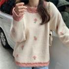 Long-sleeve Embroidered Knit Sweater Beige - One Size