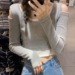 Cold-shoulder Mock Two-piece Crop Knit Top