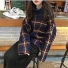 Mock Turtleneck Plaid Pullover / Midi Knit Skirt