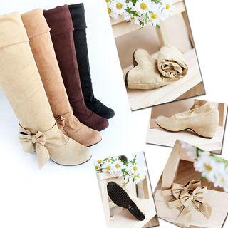 Bow-accent Wedge Tall Boots