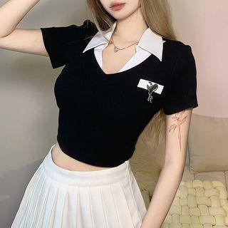 Short Sleeve Mock Two Piece V-neck Paneled Crop Top