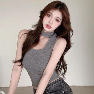 Mock-neck Cut-out Knit Tank Top