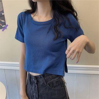 Short-sleeve Plain Slit Cropped T-shirt