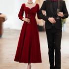 Long-sleeve Bow Accent A-line Evening Gown