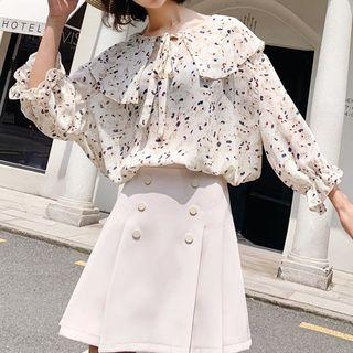 3/4-sleeve Floral Chiffon Blouse Almond - One Size